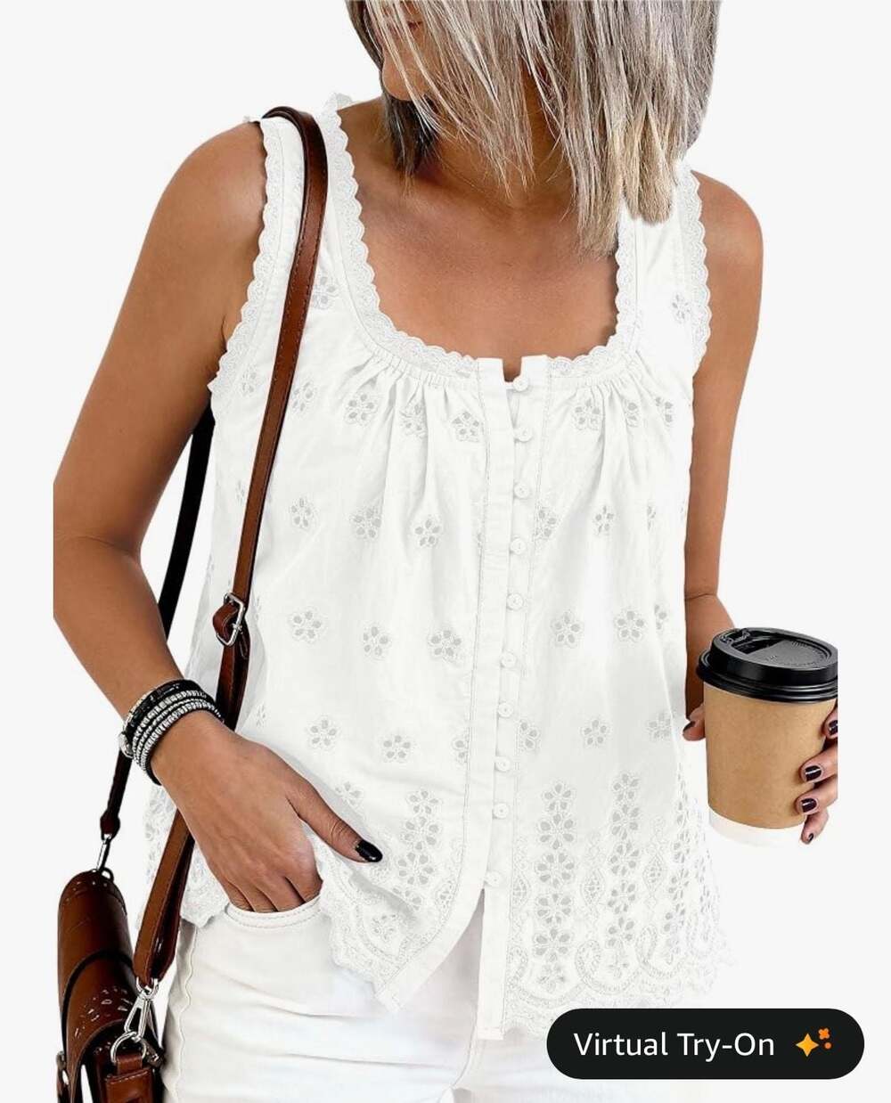 Pretty Garden Women's Eyelet Embroidered Button-Down Tank Top